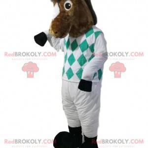 Bruin paard mascotte in jockey outfit. Paard kostuum -